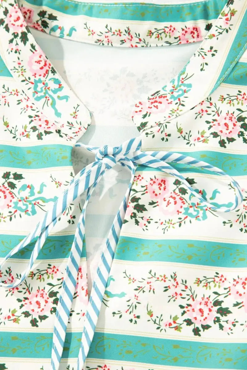 Striped Floral Print Tie Neck Puff Sleeve Midi Dress For Women - Love Salve